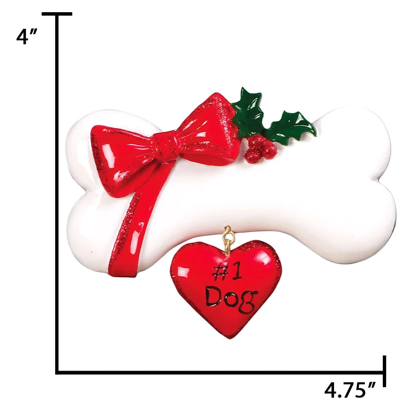 Personalized Dog Bone Christmas Ornament - Dog Bone with Heart & Bow