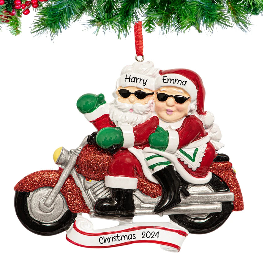 Personalized Santa Couple on Motorcycle Christmas Ornament