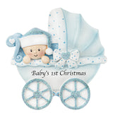 Baby boy carriage first Christmas decor, a charming ornament to celebrate his first festive season.