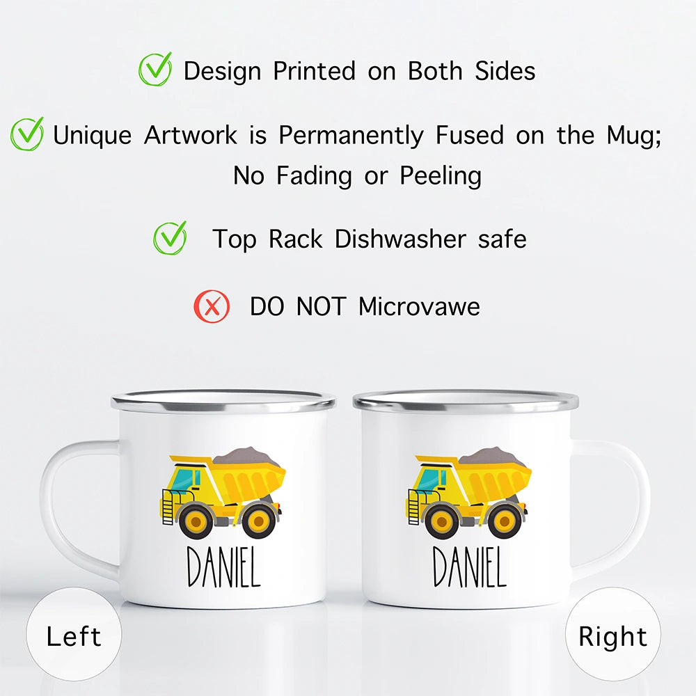 Boy's hot chocolate mug with dump truck design, perfect for enjoying warm drinks in style.