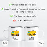 Boy's hot chocolate mug with dump truck design, perfect for enjoying warm drinks in style.