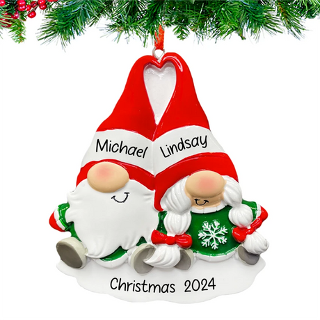 Christmas gnome couple ornament personalized, a delightful keepsake to celebrate the festive season.