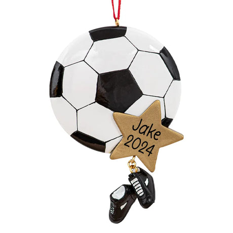 Custom Christmas ornaments with a soccer ball, personalized with a name and festive design, perfect for soccer fans and holiday decorations.