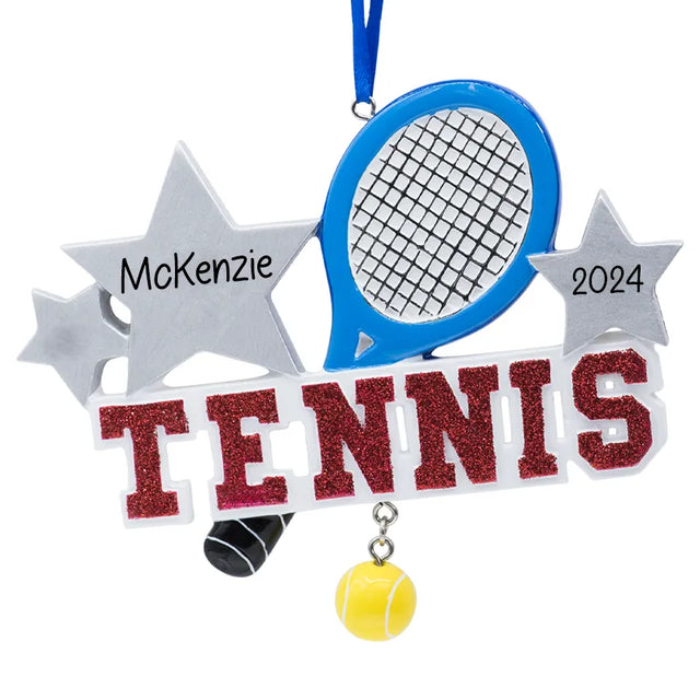 Christmas tennis racket ornament personalized with your choice of name or message, ideal for celebrating the sport this holiday season. A perfect keepsake for tennis lovers.