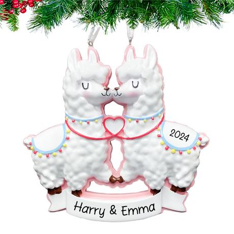 Celebrate the holidays with a Christmas together kissing llama couple ornament personalized.