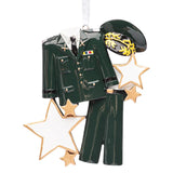 Custom army uniform Christmas ornament designed to honor military service, personalized with a name or rank. A unique and thoughtful addition to your holiday decor.