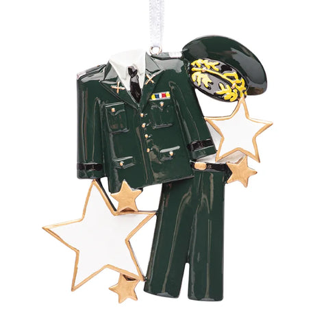 Custom army uniform Christmas ornament designed to honor military service, personalized with a name or rank. A unique and thoughtful addition to your holiday decor.