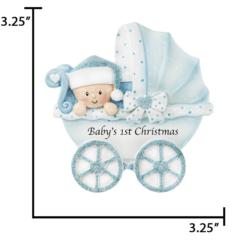 Custom baby boy carriage Christmas ornament, a beautiful keepsake to celebrate his first Christmas.