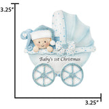 Custom baby boy carriage Christmas ornament, a beautiful keepsake to celebrate his first Christmas.