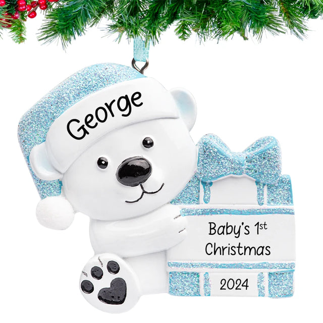 Custom baby's first Christmas ornament featuring a boy baby bear, perfect for his first season.