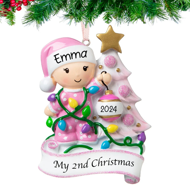 Custom baby's second Christmas ornaments featuring a girl, a lovely keepsake for her holiday.