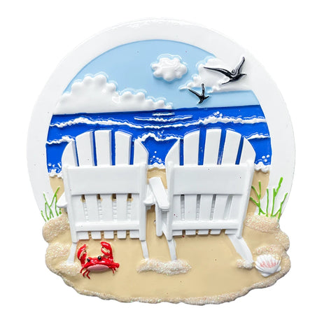 Add a tropical touch to your tree with a custom beach chair couple Christmas ornament.