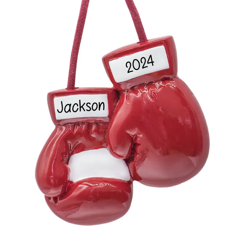 Custom boxing ornament for Christmas, designed with detailed gloves and personalized with a name or message. A unique holiday gift for boxing enthusiasts.