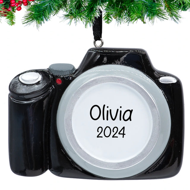 Custom camera ornament for Christmas, a unique decoration to capture cherished holiday memories.