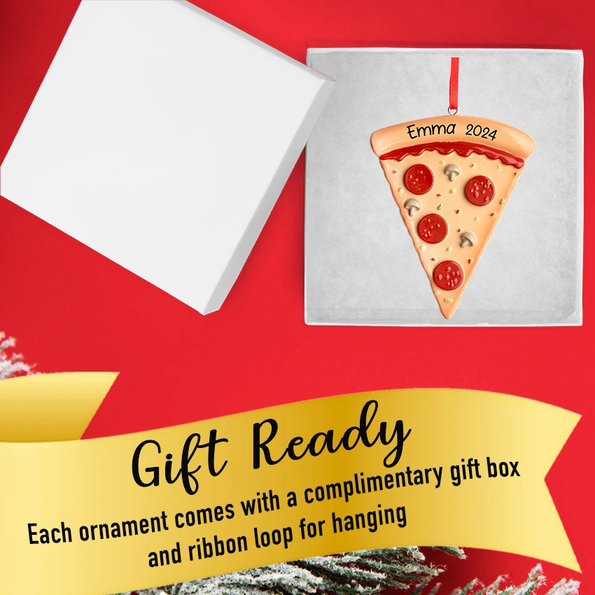 Custom Christmas ornament featuring a pizza slice, perfect for adding a tasty twist to your holiday.