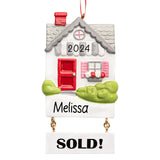 Custom Christmas ornament featuring a real estate theme with personalized details, perfect for celebrating new homes and real estate success during the holidays.