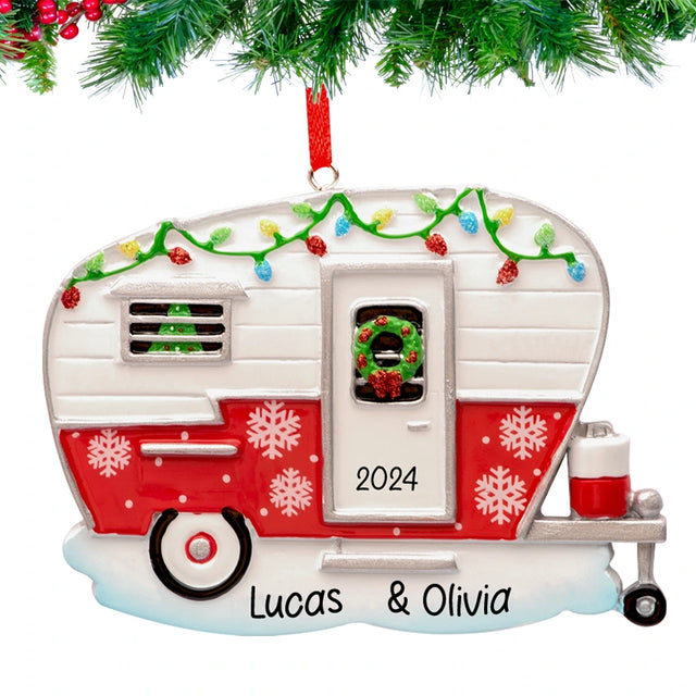 Custom Christmas ornament featuring an RV camper, a personalized keepsake for adventure lovers.