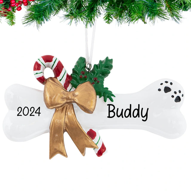 Custom dog bone ornament, a playful decoration to celebrate your furry friend.