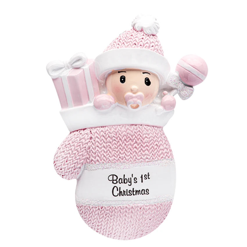 Custom first Christmas ornament with a baby girl in a mitten, perfect for her first holiday.