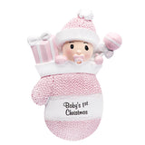 Custom first Christmas ornament with a baby girl in a mitten, perfect for her first holiday.