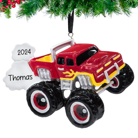 Custom monster truck ornament with personalized details, t is ideal for truck lovers.