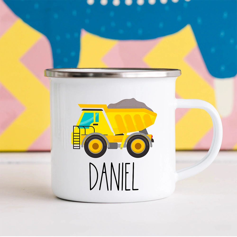 Custom name dump truck toddler mug, a personalized and durable gift for little truck lovers.