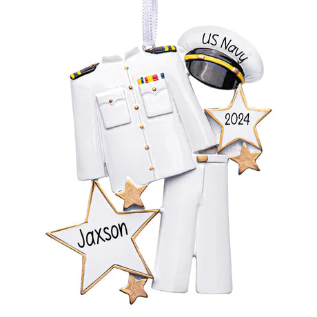 Custom navy uniform Christmas ornament designed to honor Navy service, personalized with a name or rank. A unique holiday keepsake for military families.