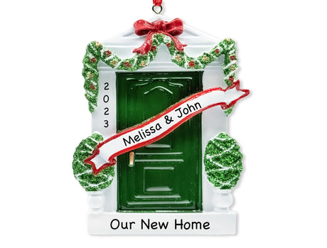 Welcome the holidays with a custom green door new home Christmas ornament from Gift Shopie.