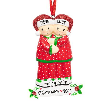 Celebrate cozy moments with a custom our first Christmas ornament in red pajamas from Gift Shopie!