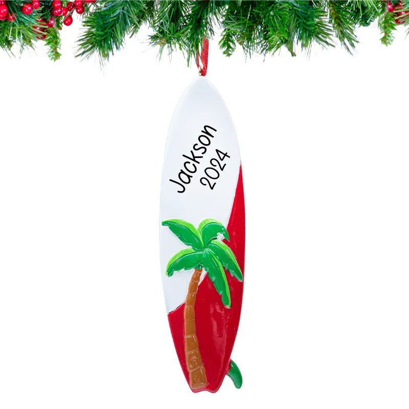 Enhance your holiday decor with custom surfboard ornaments, perfect for beach and surfing enthusiasts.