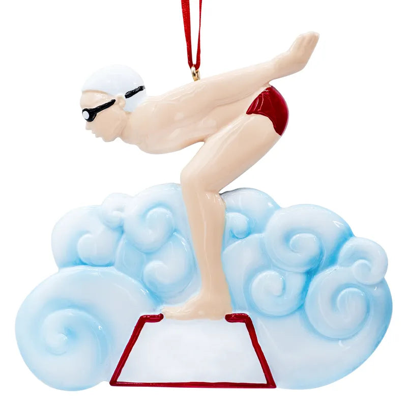 Custom swimming boy Christmas ornament with personalized details, ideal for celebrating young swimmers during the holiday season.