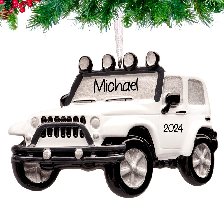 Custom white Jeep Christmas ornament, a perfect keepsake for Jeep enthusiasts.