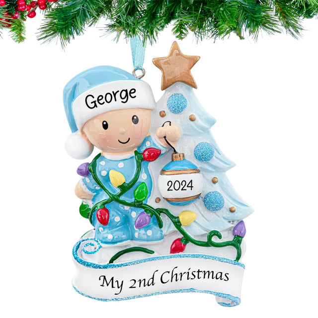 Customized baby boy's second Christmas ornaments, perfect for celebrating his special moments.