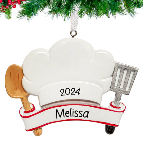 Customized chef hat Christmas ornament with personalized details, ideal for celebrating chefs and cooking enthusiasts during the holidays.