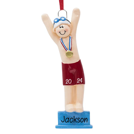 Customized Christmas ornament featuring a swimmer boy, perfect for celebrating the holidays with a custom touch for young swim enthusiasts.