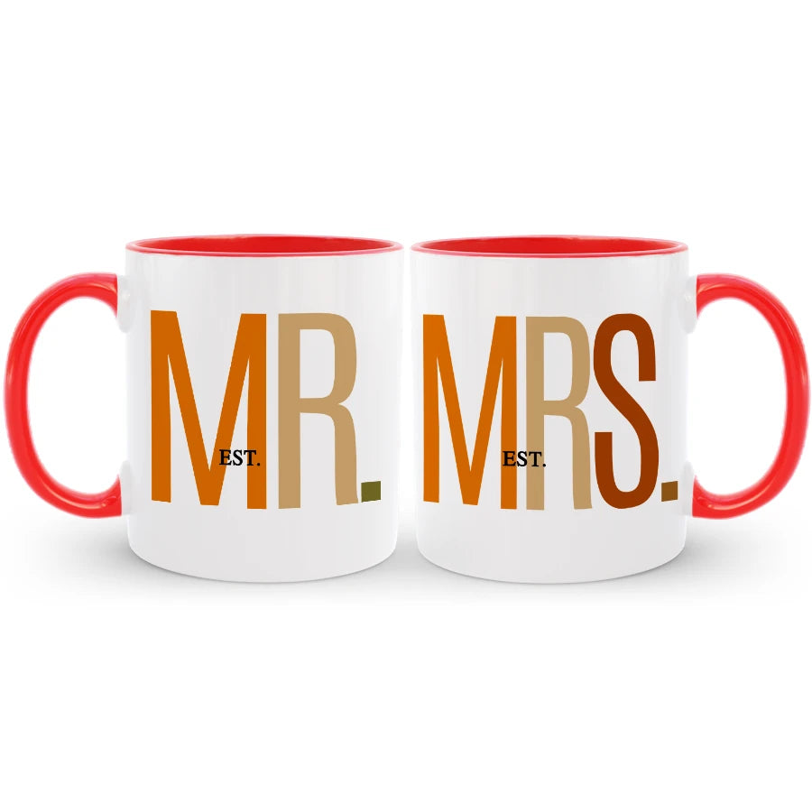 Customized Mr. and Mrs. matching mugs, a thoughtful gift for couples to enjoy their favorite drinks together.