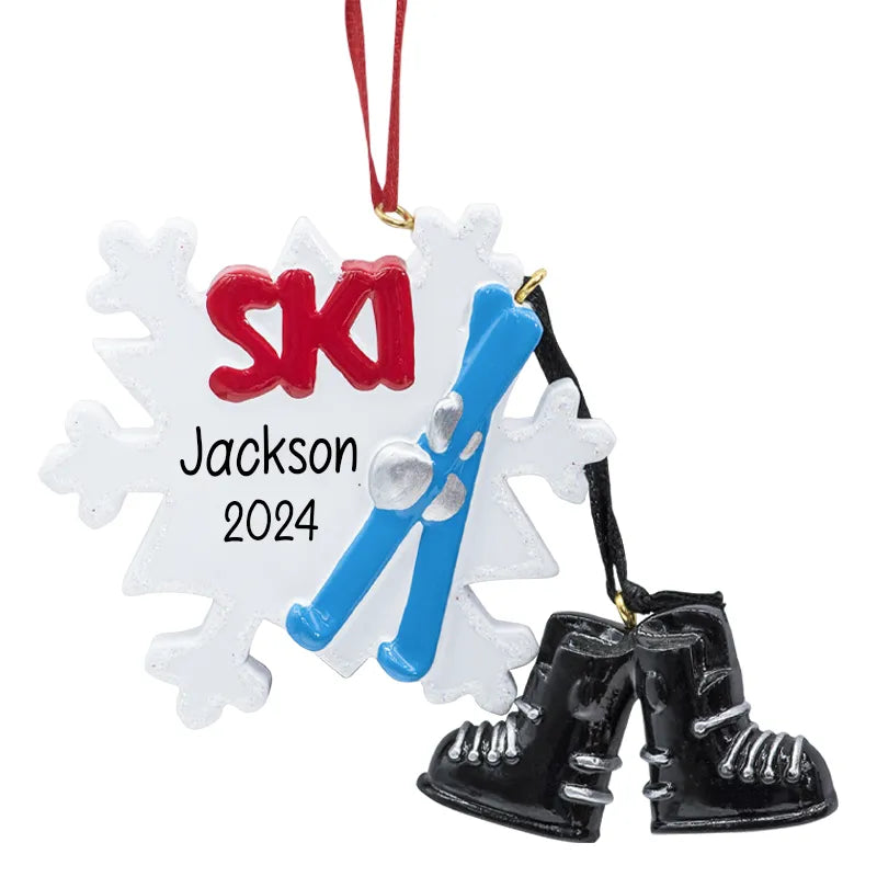 Customized skiing Christmas ornament featuring a detailed skier design, personalized with a name or message. An ideal holiday gift for skiing enthusiasts.