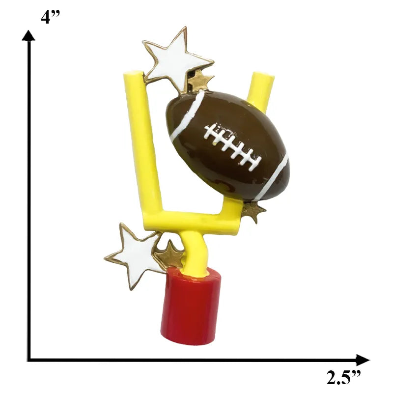 Football ornament personalized for Christmas with custom name and details, a festive decoration for sports enthusiasts.