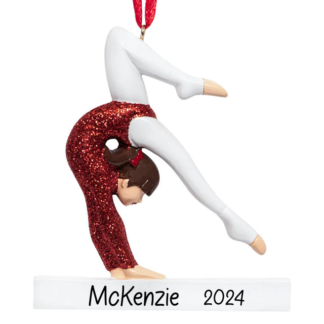 Personalized gymnastics ornament with custom name and gymnastic pose design.