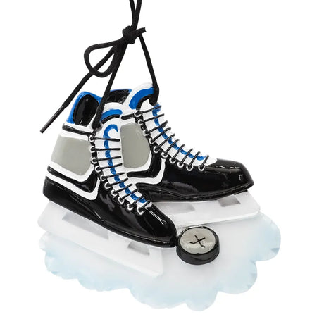 Personalized Christmas ornaments featuring ice hockey skates. Customize for a unique holiday decoration.