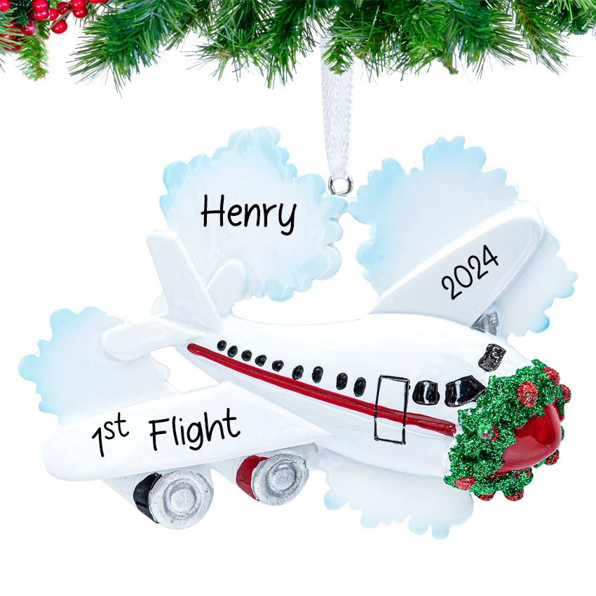 Personalized airplane Christmas ornament with custom text, ideal for aviation enthusiasts and holiday tree decorations.