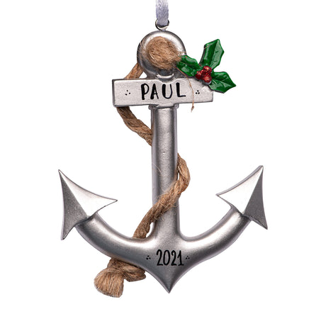 Personalized anchor Christmas ornament, a unique decoration for nautical themed holiday.