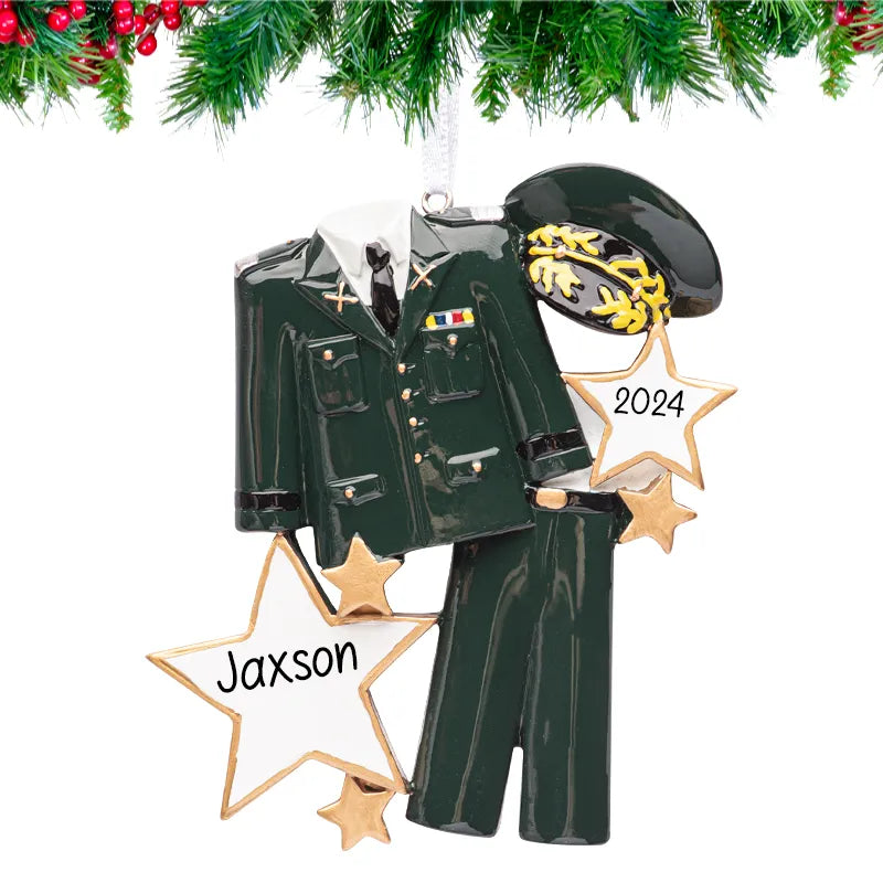 Personalized army uniform Christmas ornament showcases a detailed military design, customizable with a name or rank. A meaningful holiday tribute for service members.