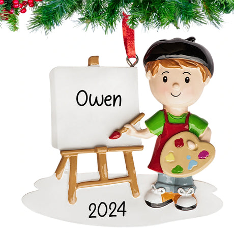 Personalized artist painting boy Christmas ornament, perfect for celebrating young artists.