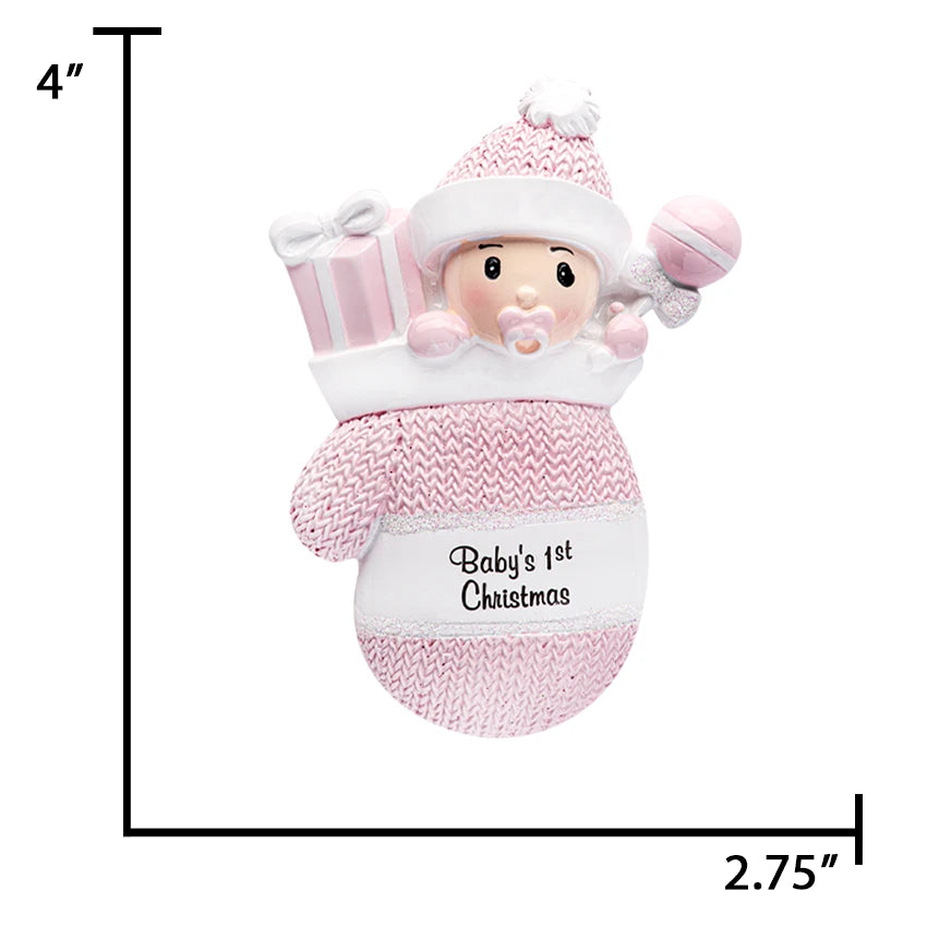 Personalized baby's first Christmas ornament featuring a baby girl in a mitten, perfect gift.