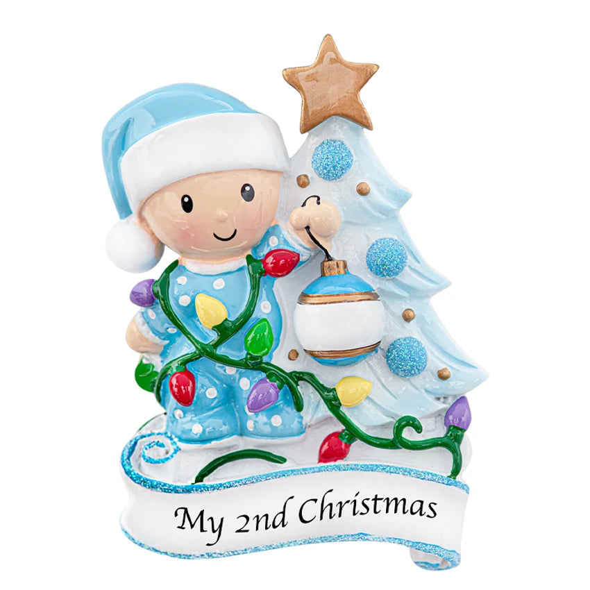 Personalized baby's second Christmas ornaments featuring a boy, perfect for celebrating his Noel.