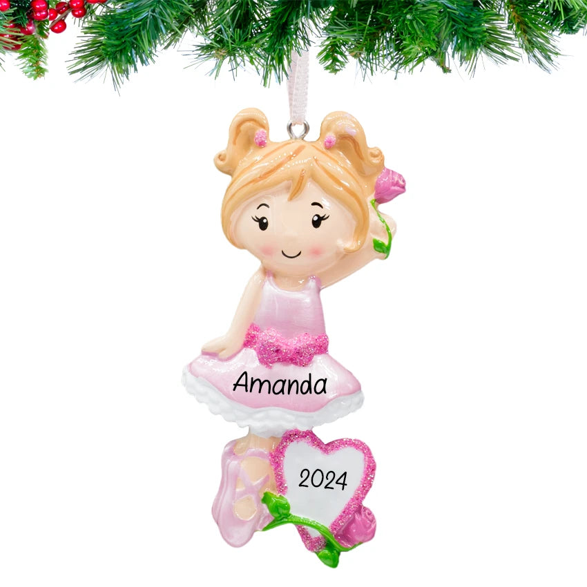 Personalized ballet girl ornaments featuring custom names, perfect for gifting young dancers and adding elegance to holiday decor.