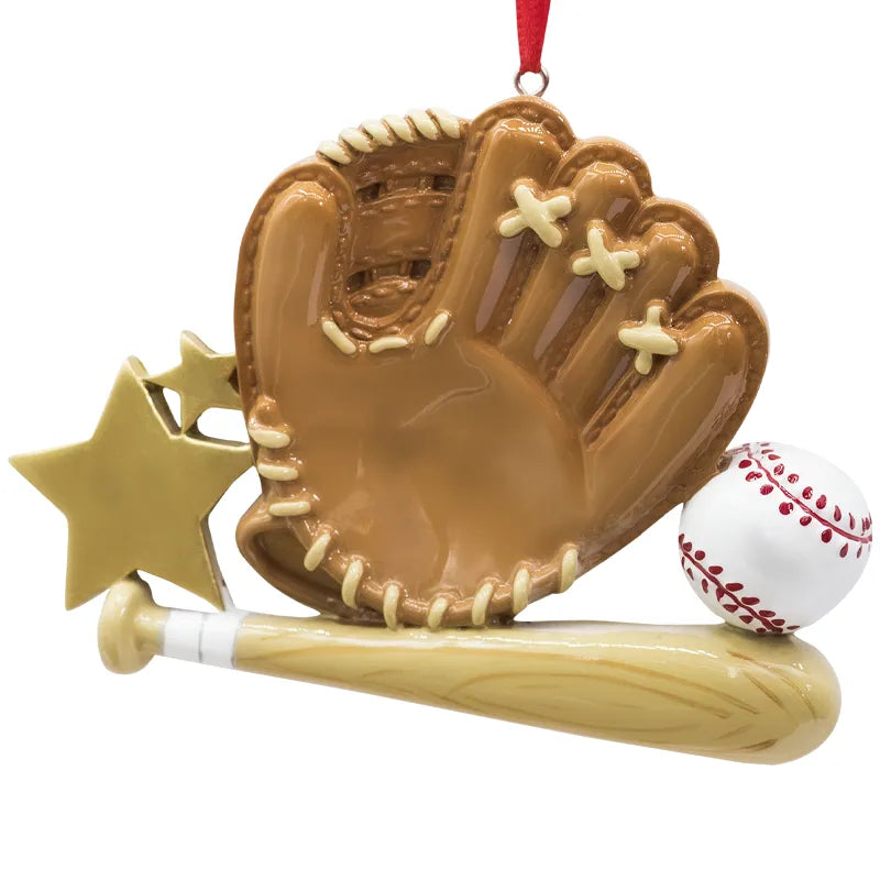 Unique personalized baseball mitt and bat ornament for sports enthusiasts. Customizable design makes it a perfect gift idea.