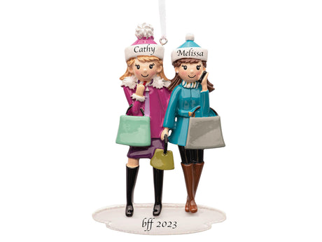 Celebrate friendship with a personalized best friend ornament featuring shopping fun.