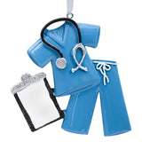 Customize your holiday decor with a personalized blue scrubs ornament, perfect for healthcare professionals.